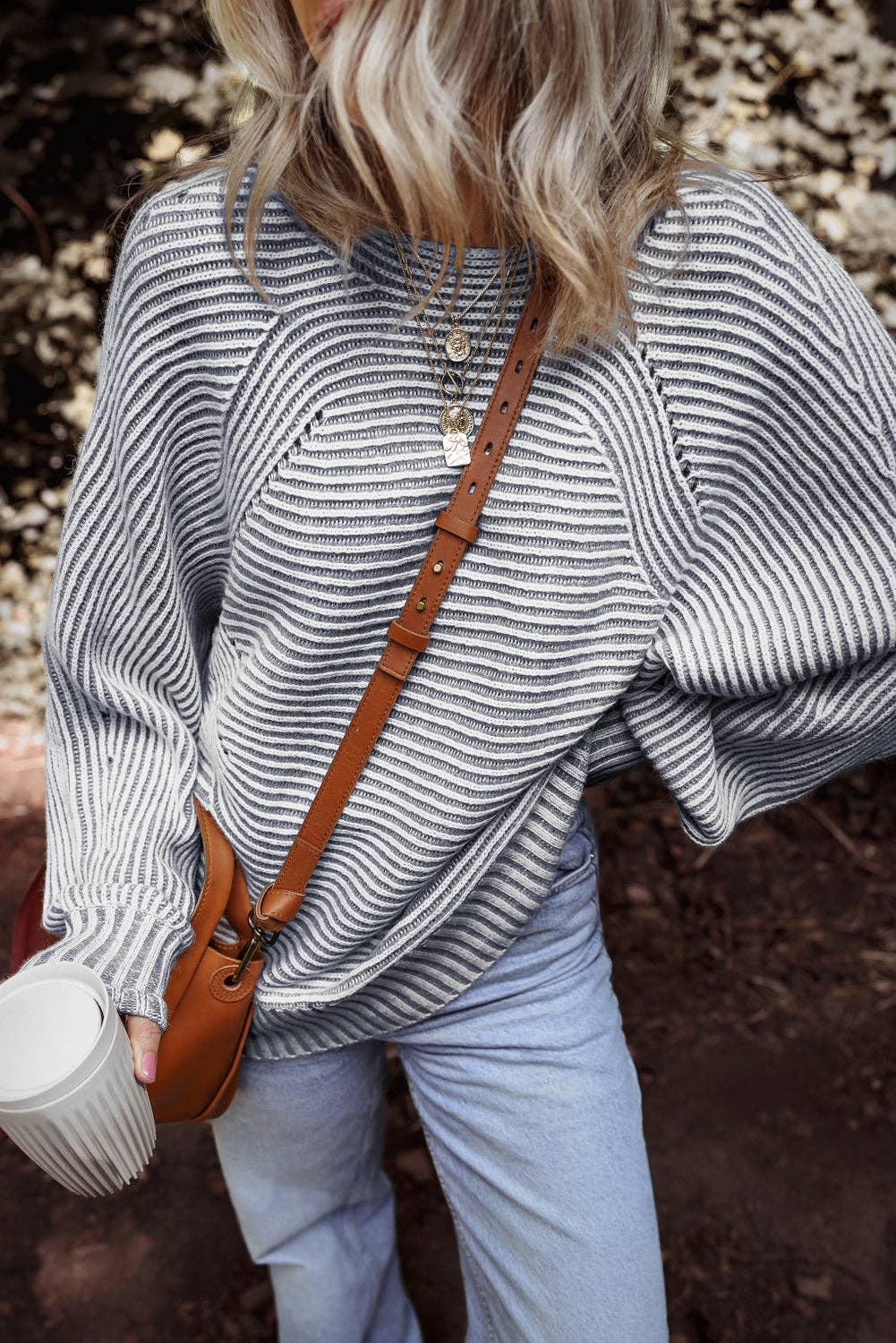 Dahlia Striped Print Ribbed Knit Boat Neck Baggy Sweater: Red Dahlia