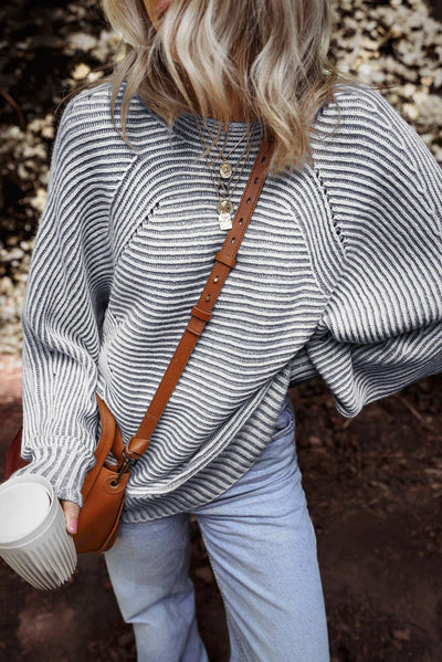 Dahlia Striped Print Ribbed Knit Boat Neck Baggy Sweater: Red Dahlia