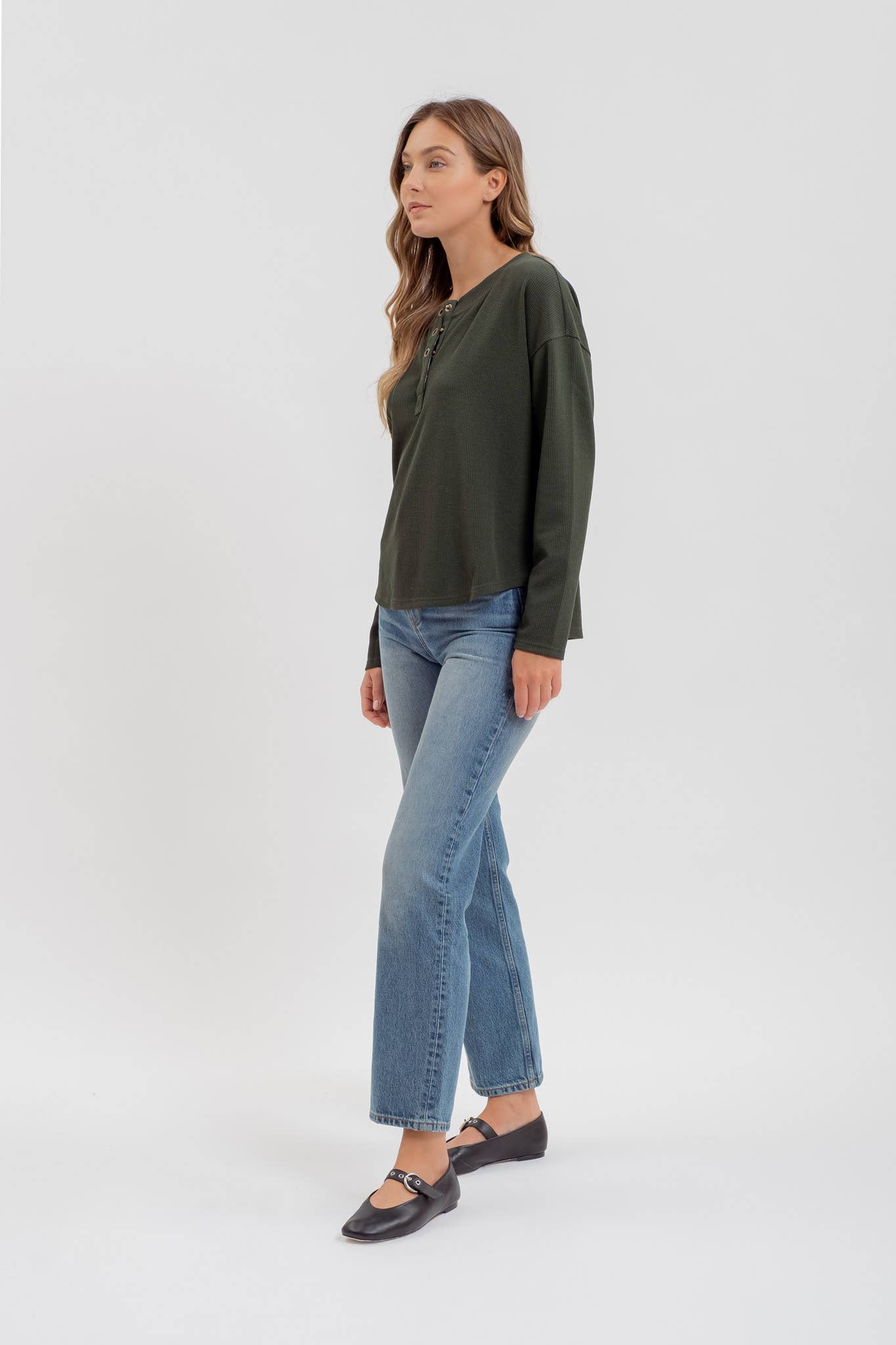 HALF BUTTON DOWN LONG SLEEVE HENLEY KNIT TOP: HUNTER GREEN S,M,L