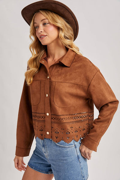 BUTTON DOWN DIE-CUT FAUX SUEDE CROPPED JACKET