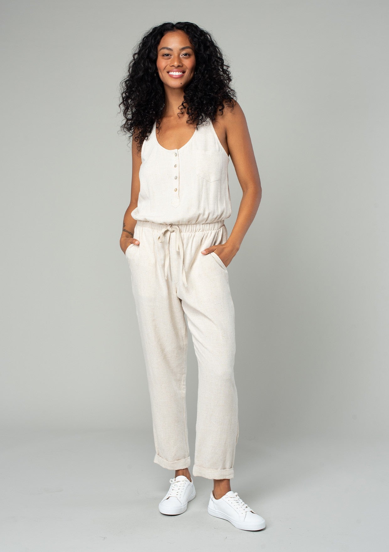 Linen Blend Sleeveless Racerback Jumpsuit