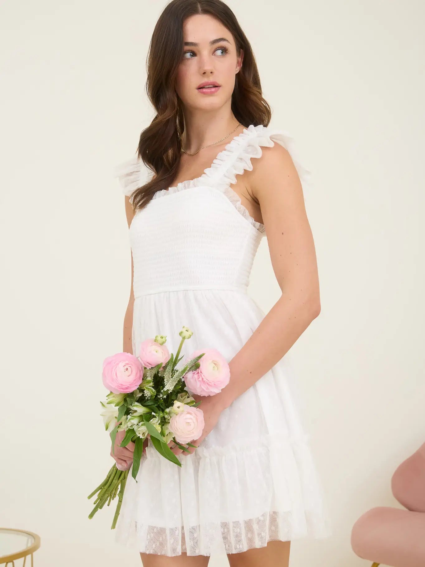 Polka Dot Chiffon Smocked Ruffle Detail Mini Dress