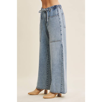 EASE AND GRACE DENIM WASHED OVERSIZED WIDE-LEG JEANS: WASHED DENIM / S,M,L