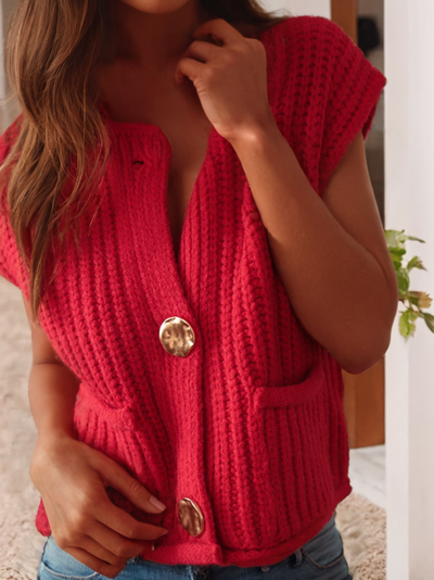 Textured Knit Side Pockets Buttoned Sweater Vest: Fiery Red