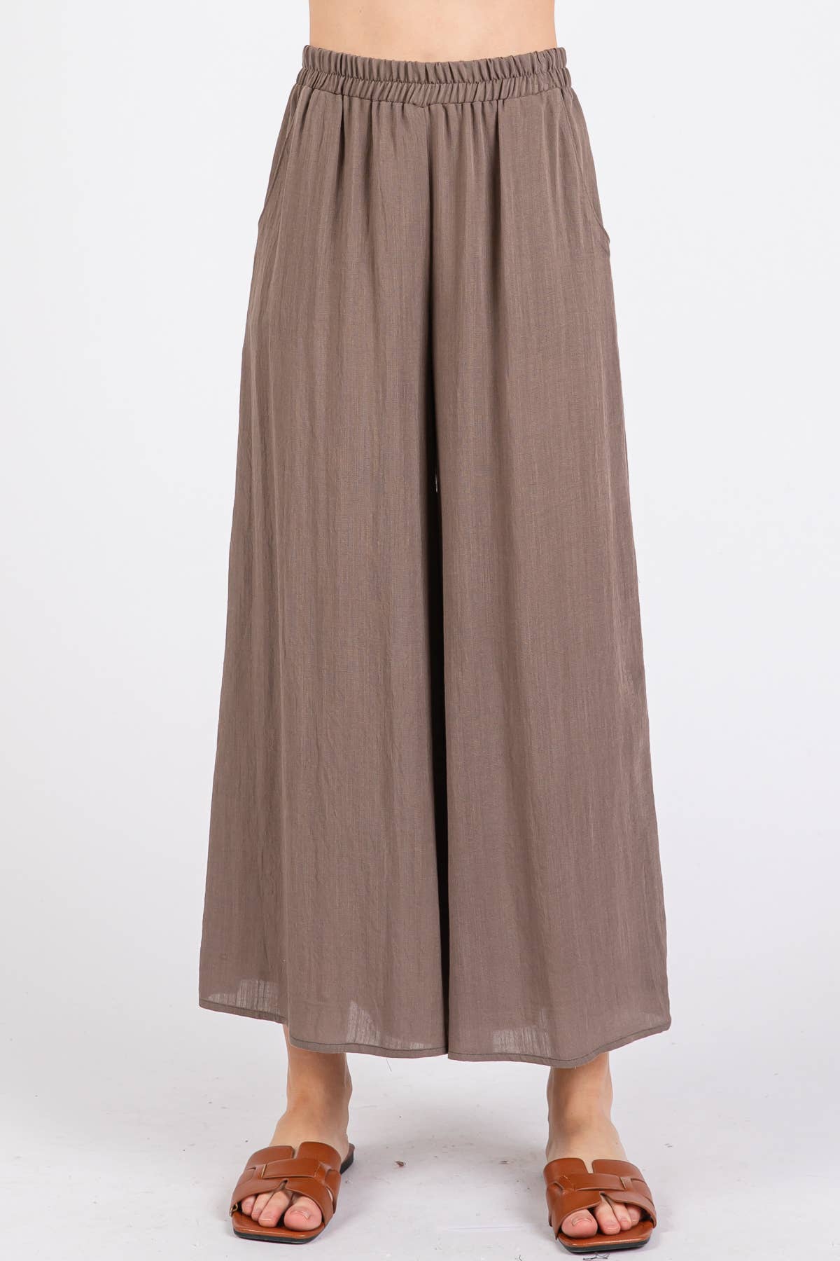 Woven Wide Leg Pull on Pants - Walnut Gray / S M L