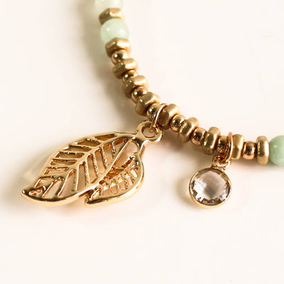 Stretch Bracelet | Leaf w/ Stone Charm. Green & Gold
