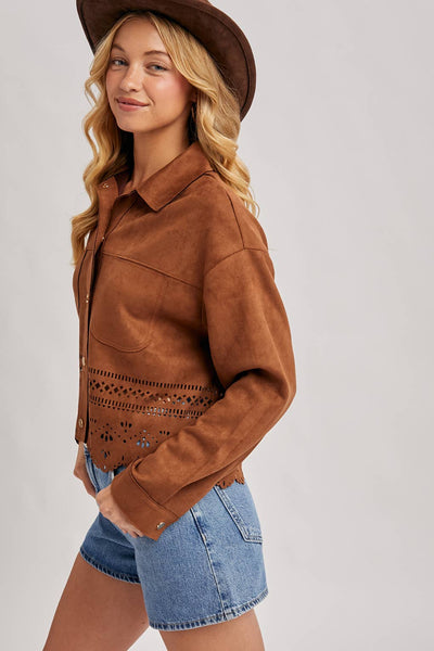 BUTTON DOWN DIE-CUT FAUX SUEDE CROPPED JACKET
