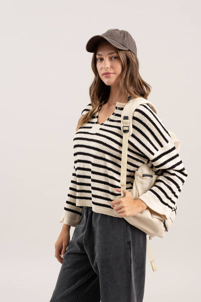 STRIPE SPLIT NECK LONG SLEEVE KNIT SWEATER