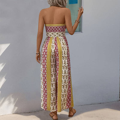 Strapless Smocked Romper Tube Top Flare Trousers Jumpsuit: Apricot