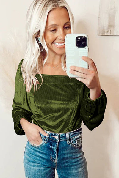 Velvet Ribbed Texture Square Neck Slim Puff Sleeve Top: Clay