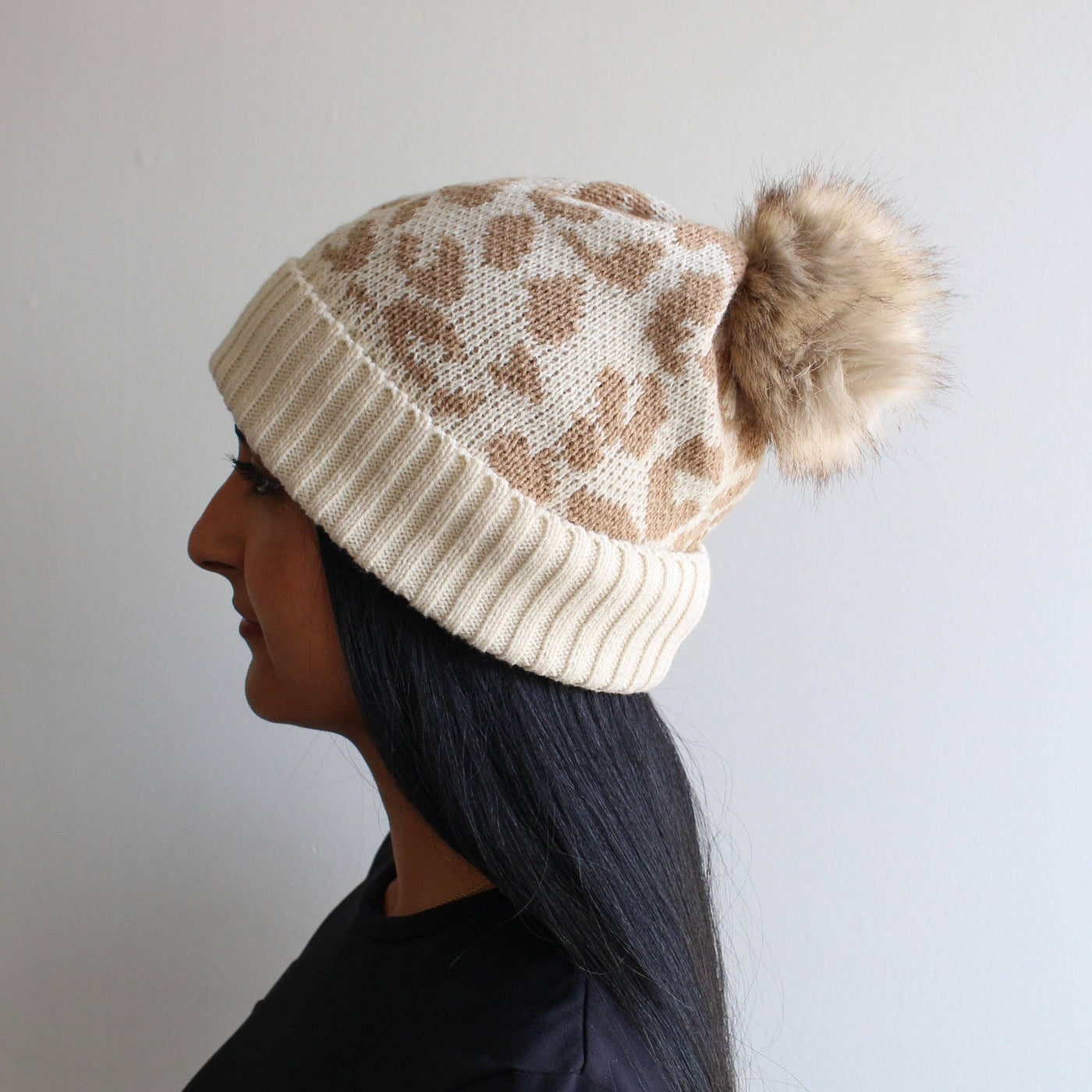 Leopard Print Winter Hat w/ Pom Pom | Cream
