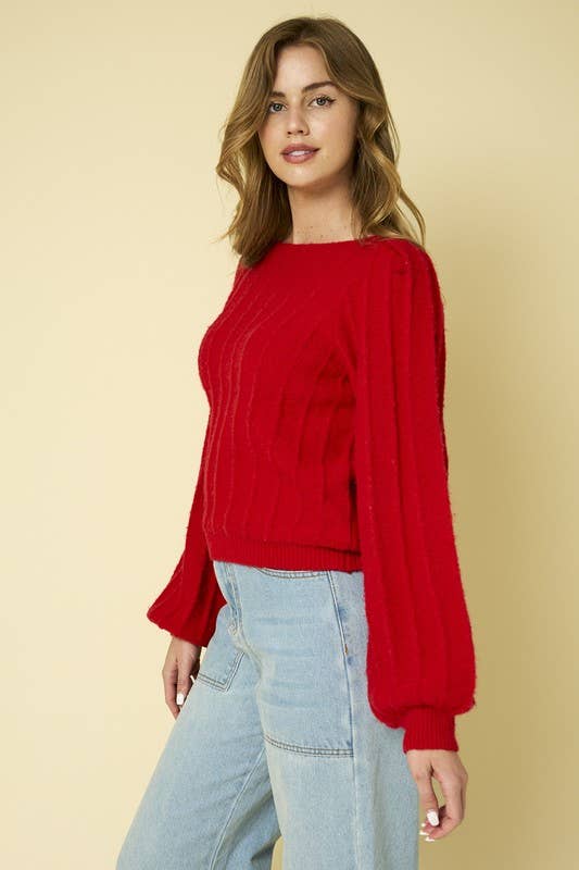 Ribbed Pointelle Bubble Sweater