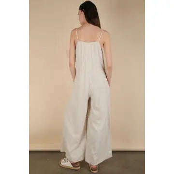 Linen Pleated Solid Woven Sleeveless Jumpsuit