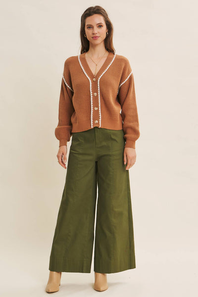 OLIVE WIDE-LEG ANKLE LENGTH PANTS