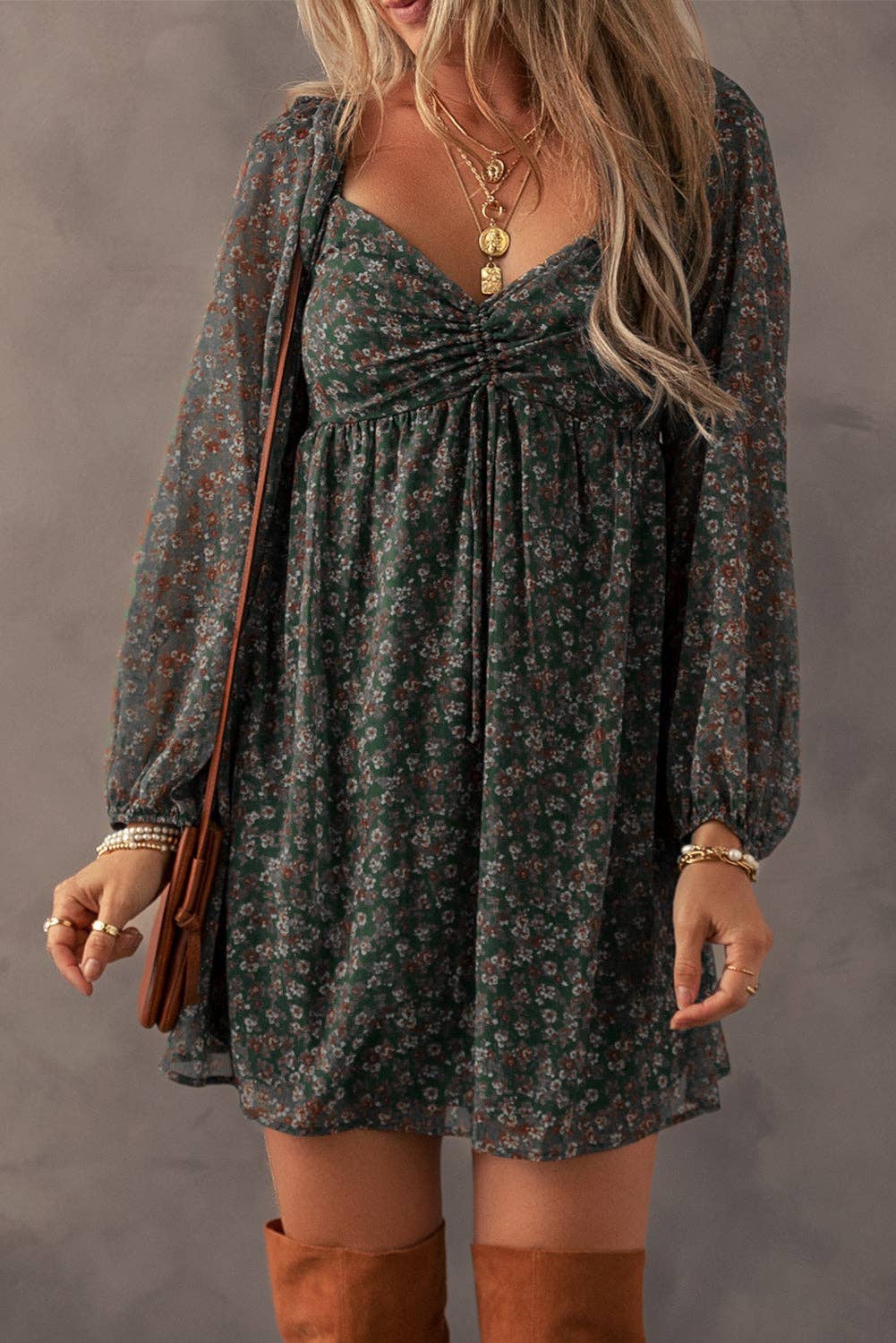 Green Floral Print Sweetheart Neck Shirred Back Mini Dress-S,M,L,XL