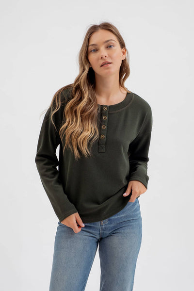 HALF BUTTON DOWN LONG SLEEVE HENLEY KNIT TOP: HUNTER GREEN S,M,L