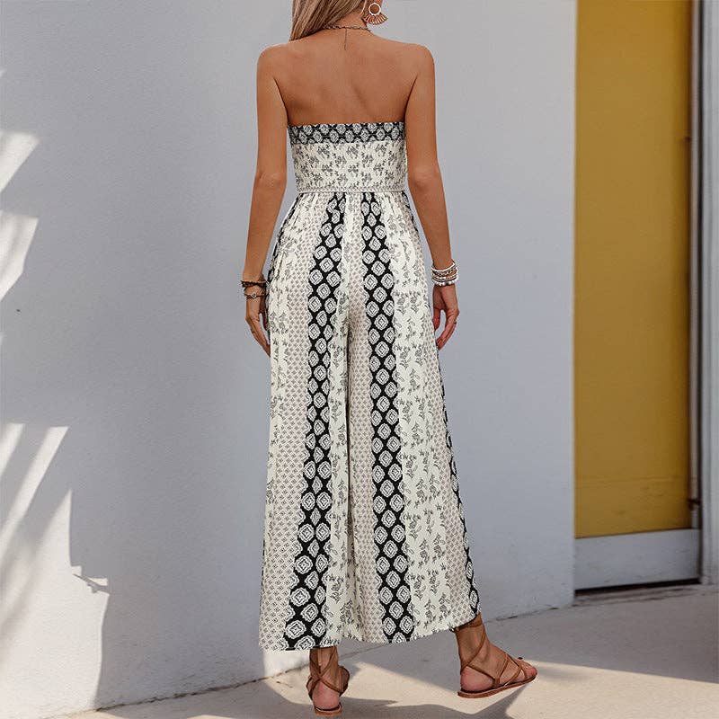 Strapless Smocked Romper Tube Top Flare Trousers Jumpsuit: Apricot