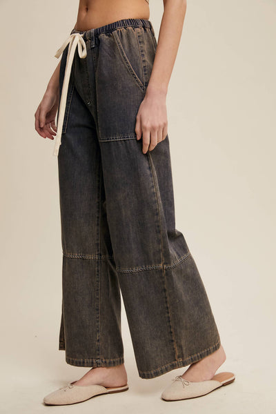 Wide-Leg Denim Drawstring Pants