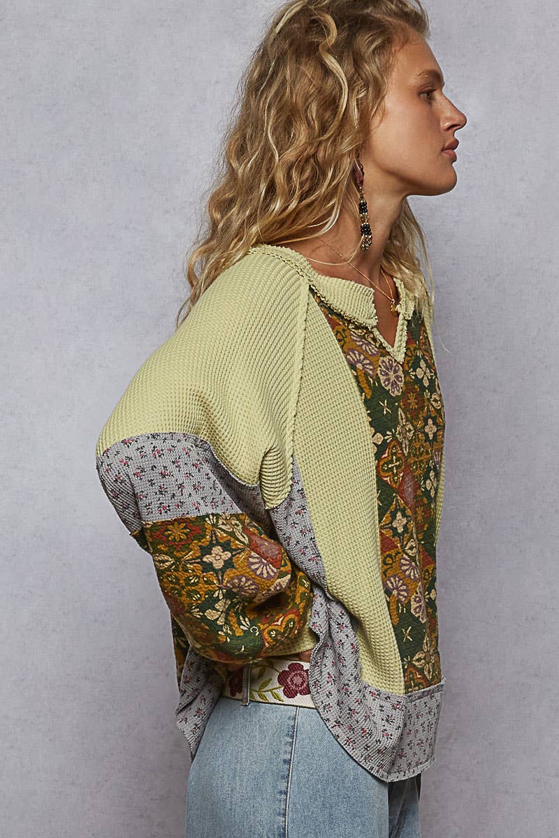 Round neck printed thermal knit top