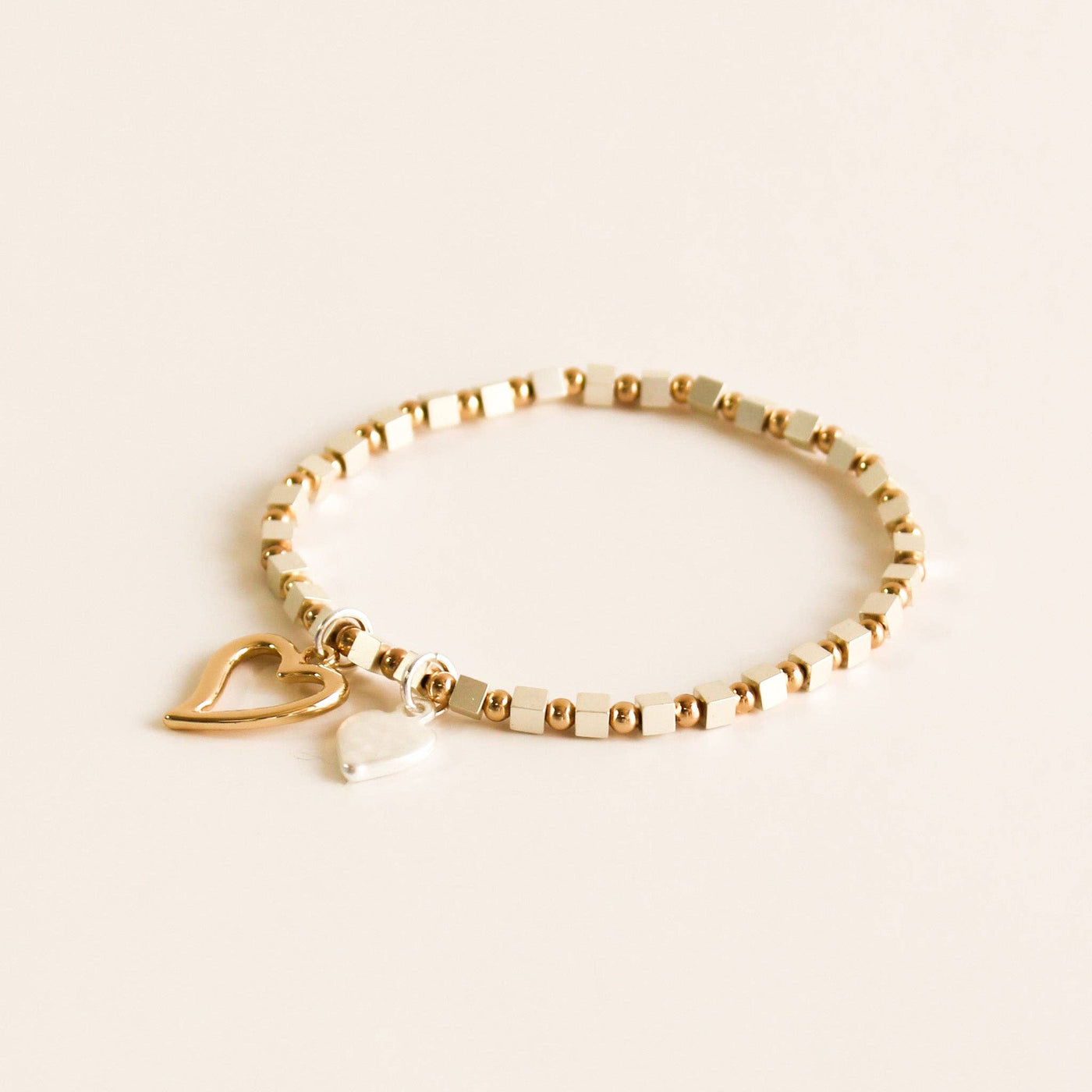 Stretch Bracelet | Double Heart Charm. Gold & Silver