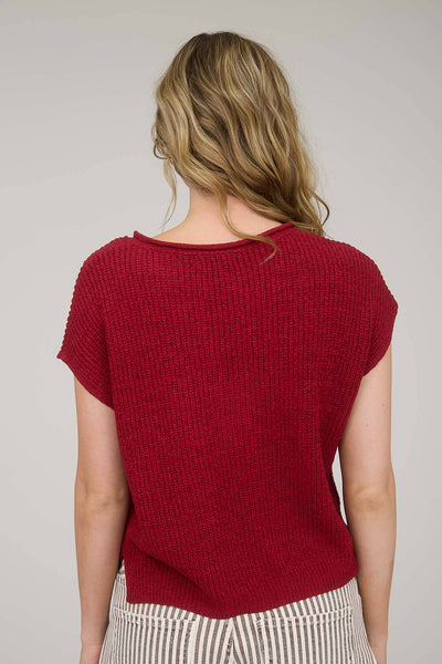 SPLIT NECK SHORT SLEEVE KNIT PULLOVER : RED S,M,L