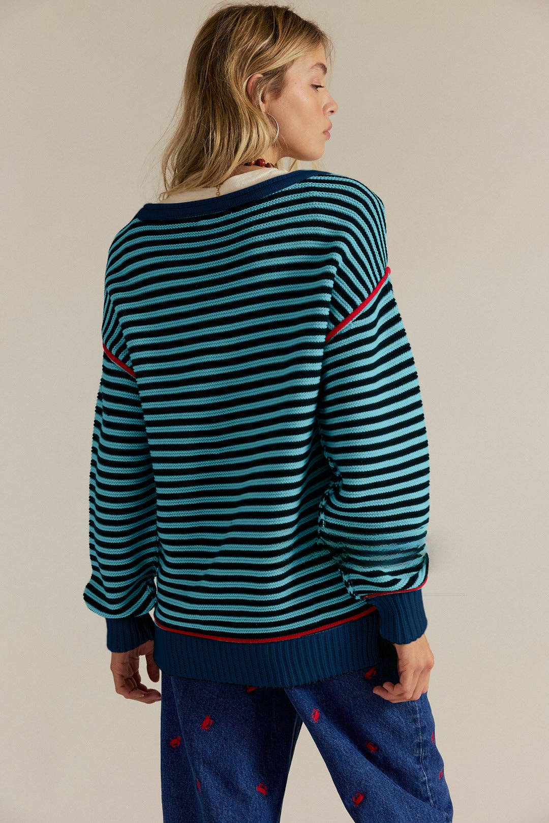 Striped Crewneck Knit Sweater | Loose Fit Pullover Top