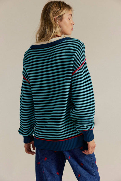 Striped Crewneck Knit Sweater | Loose Fit Pullover Top