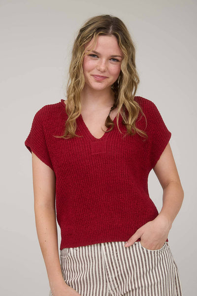 SPLIT NECK SHORT SLEEVE KNIT PULLOVER : RED S,M,L