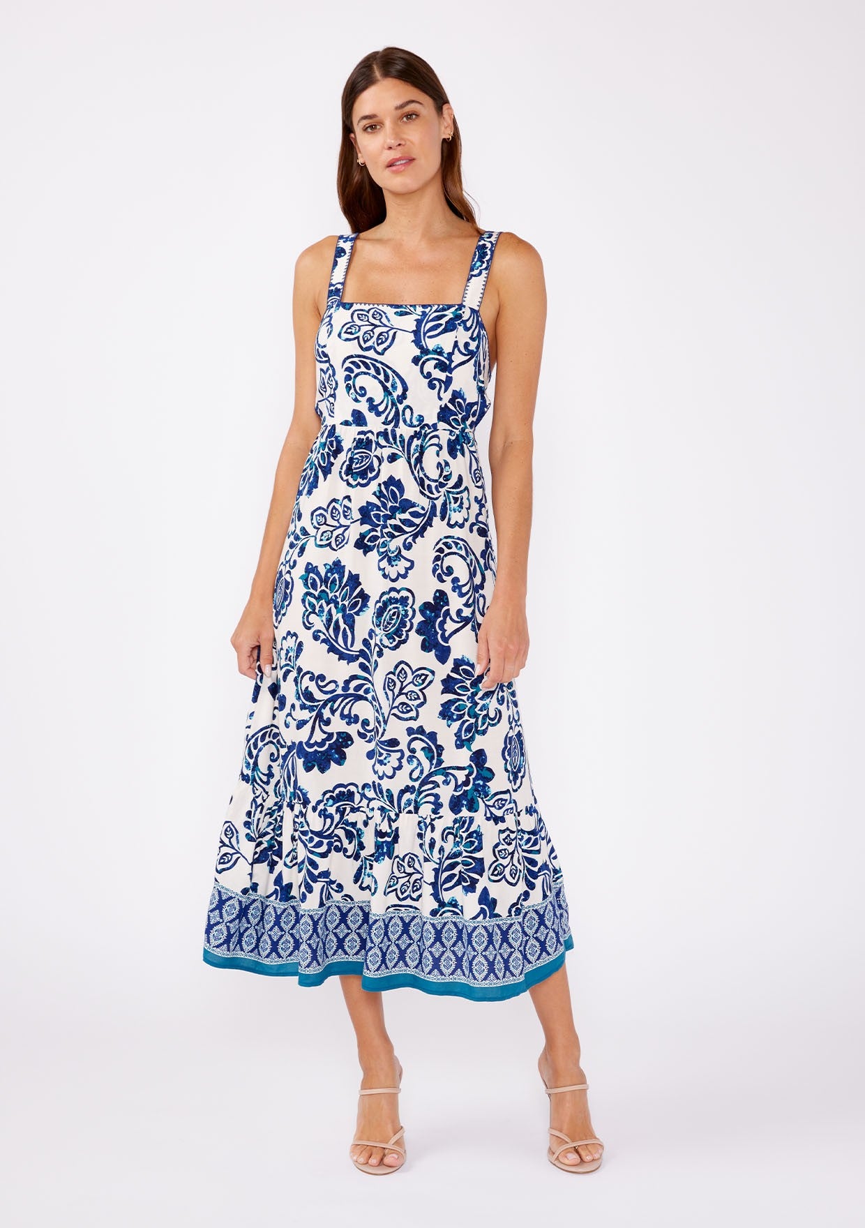 Blue Printed Tie Back Sleeveless Midi Dress