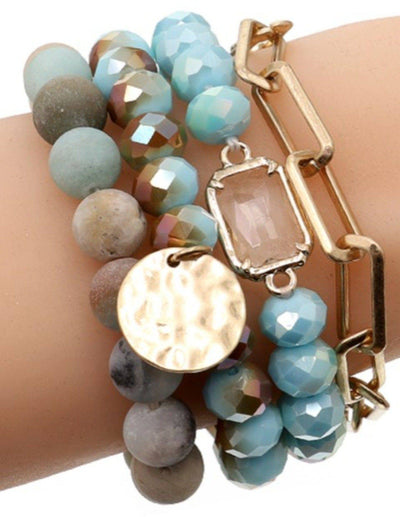 Multi Stone Crystal Beaded Bracelet Set: Black