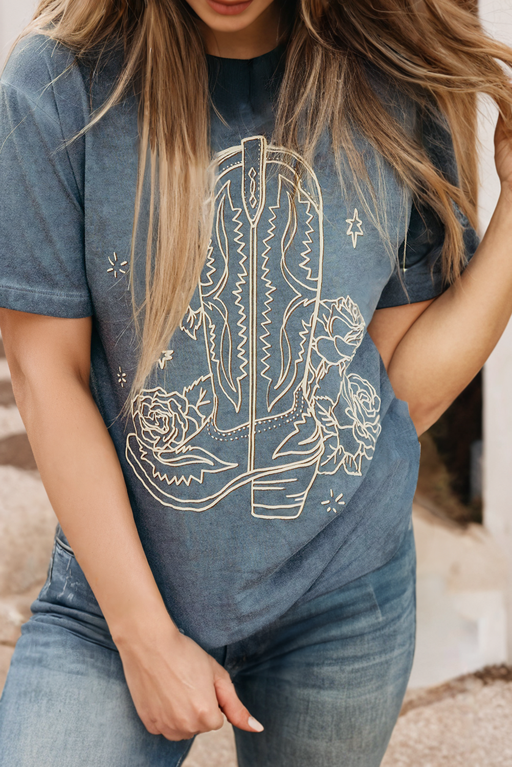 Western Cowboy Boots Flower Graphic Tee