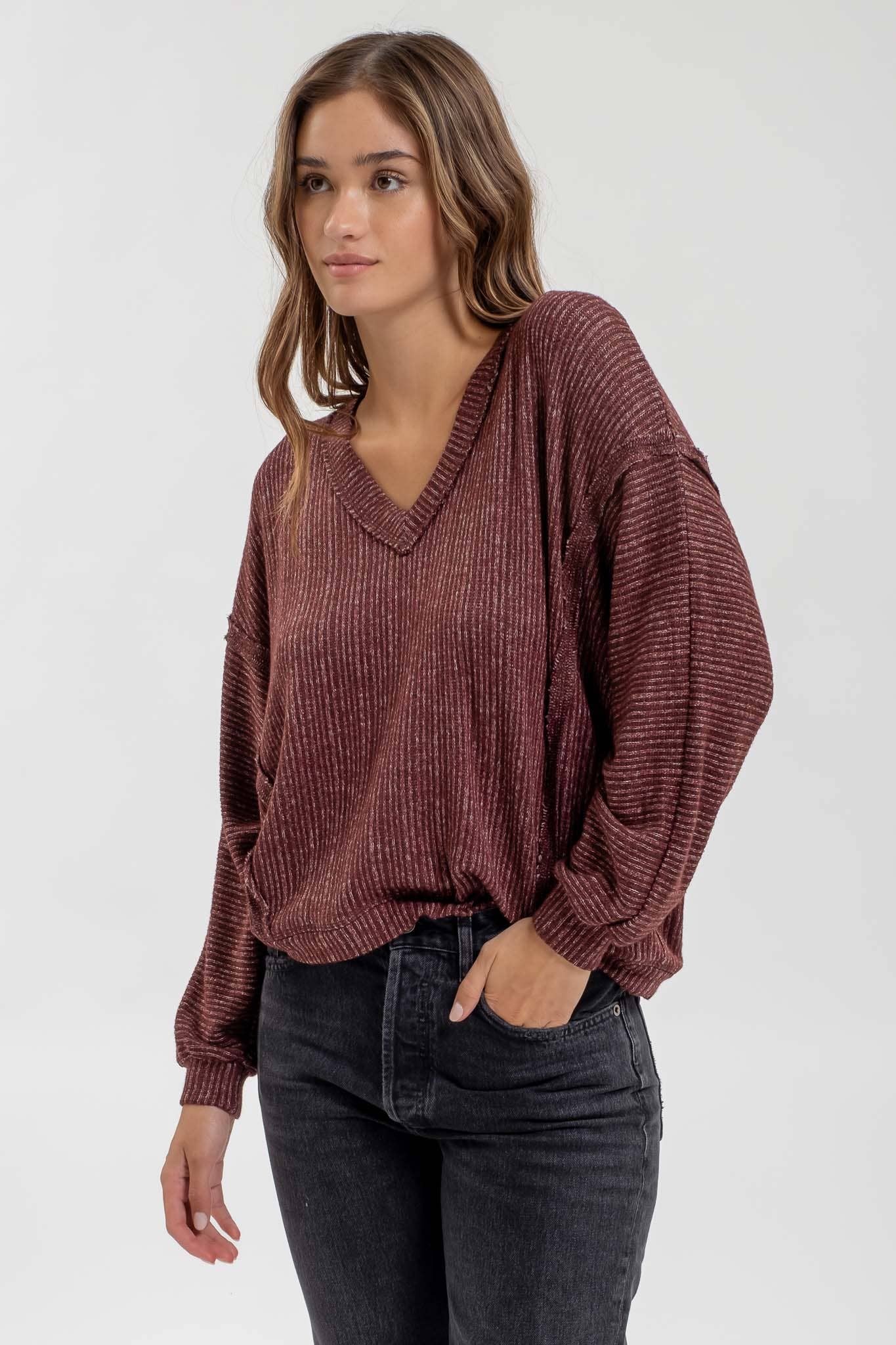 Striped Drop Shoulder V Neck Knit Top