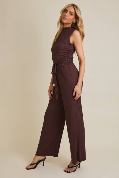 MOCK NECK SLEEVELESS WAIST TIE JUMPSUIT: CHOCOLATE / S,M,L