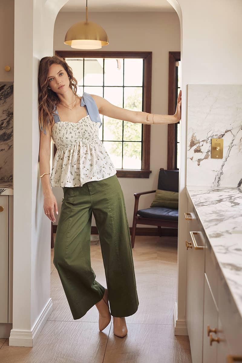 OLIVE WIDE-LEG ANKLE LENGTH PANTS