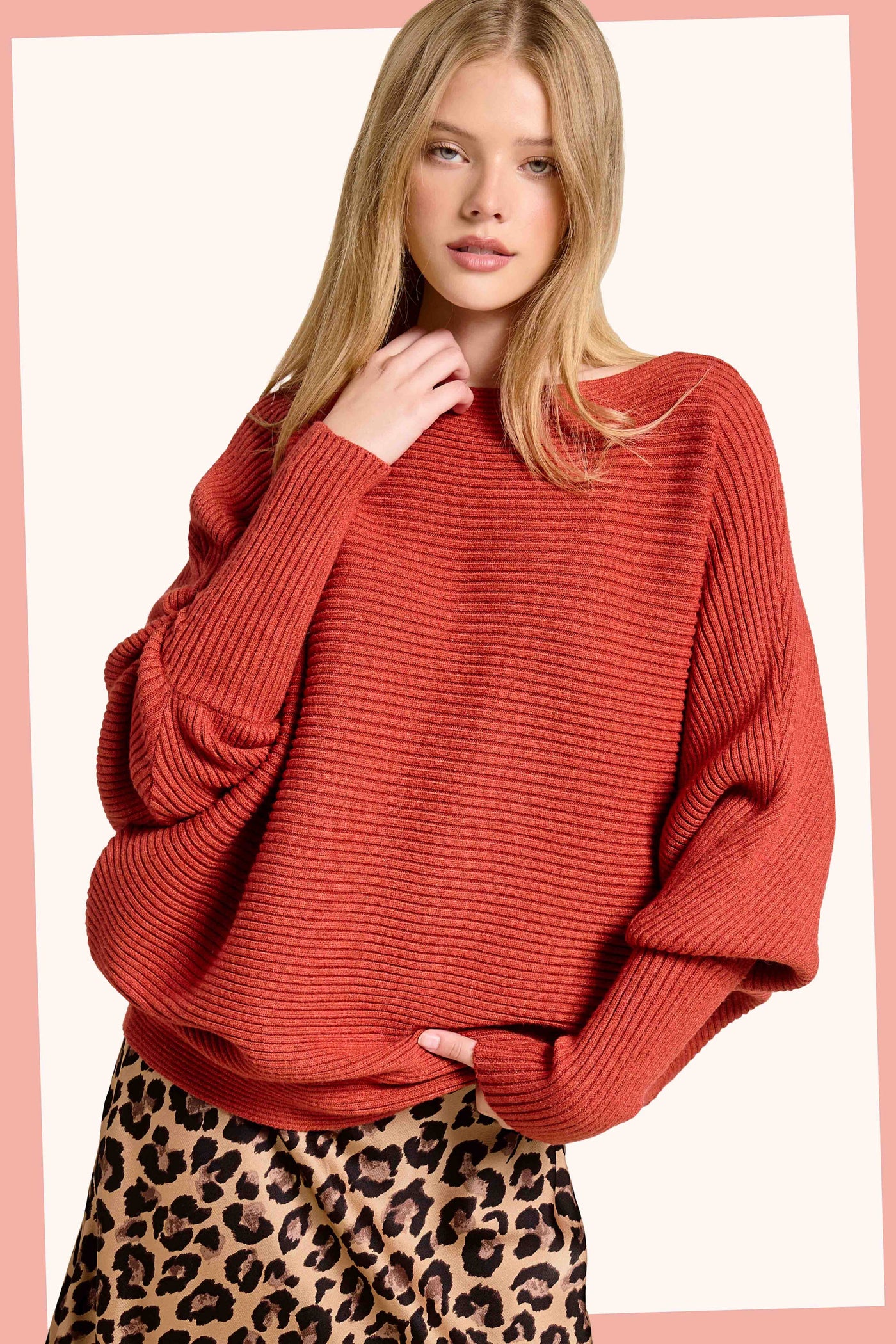Slouchy Fit Bubble Sleeve Boat Neck Sweater: Brick
