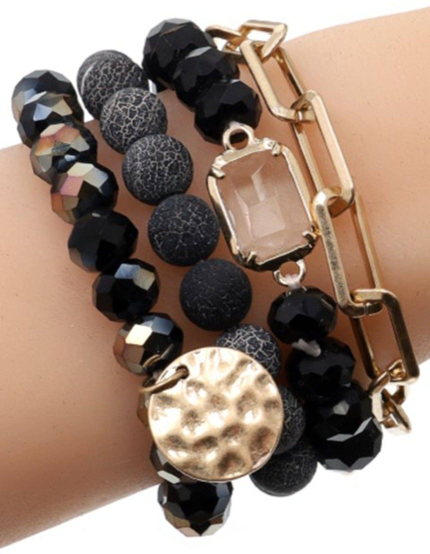 Multi Stone Crystal Beaded Bracelet Set: Black