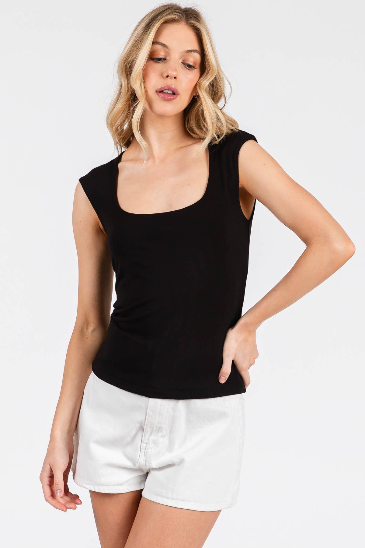 Square Neck Solid Sleeve Top: Black / S,M,L