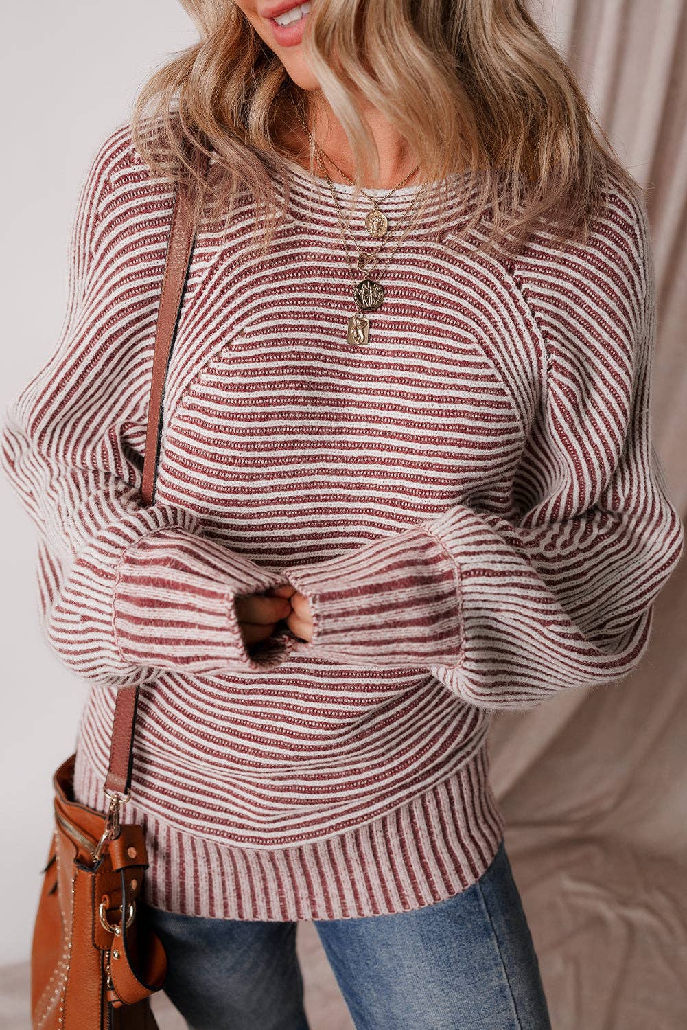 Dahlia Striped Print Ribbed Knit Boat Neck Baggy Sweater: Red Dahlia