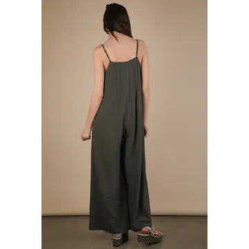 Linen Pleated Solid Woven Sleeveless Jumpsuit