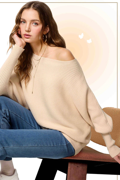 Slouchy Fit Bubble Sleeve Boat Neck Sweater: Brick