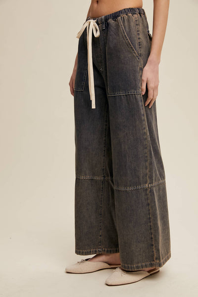 Wide-Leg Denim Drawstring Pants