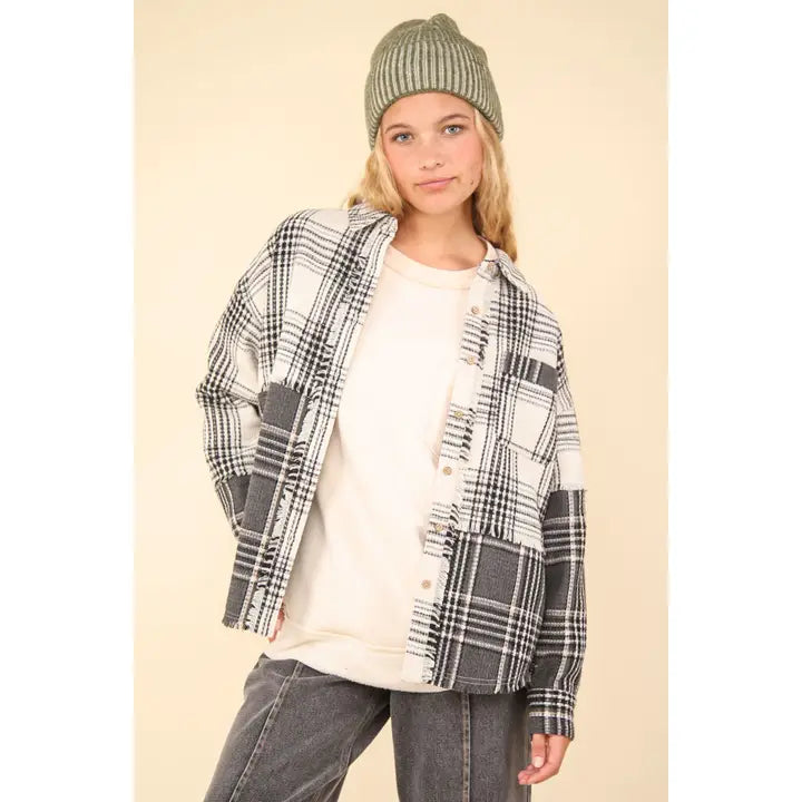 Mixed Plaid Oversized Casual Shacket Jacket