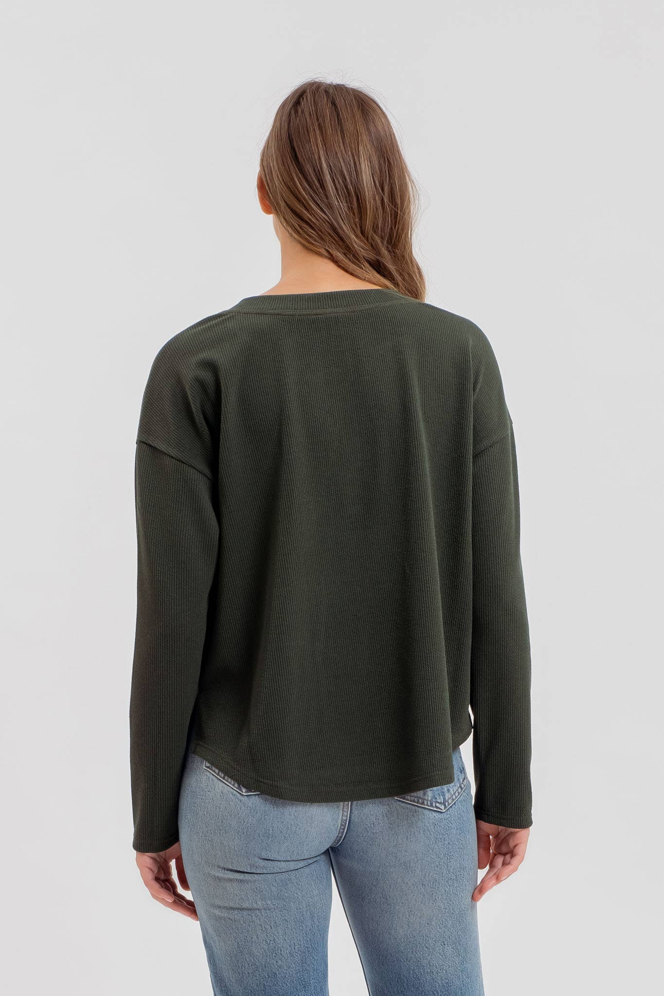 HALF BUTTON DOWN LONG SLEEVE HENLEY KNIT TOP: HUNTER GREEN S,M,L