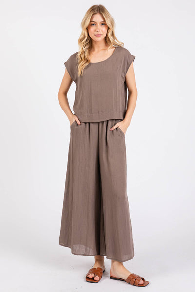 Woven Round Neck Boxy Top- Walnut Gray / S M L