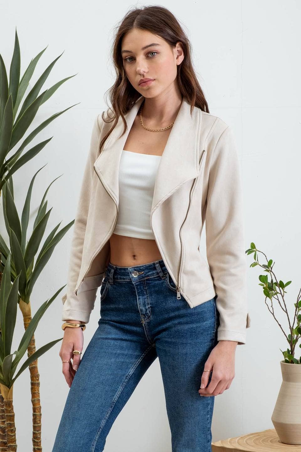 Faux Suede Zip Up Moto Jacket