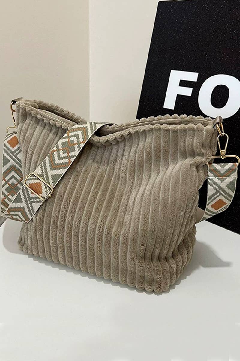 Corduroy Tote Bag With Guitar Shoulder Strap / GREY