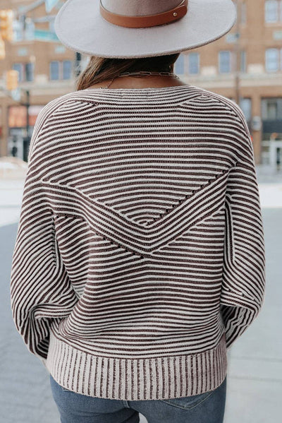 Dahlia Striped Print Ribbed Knit Boat Neck Baggy Sweater: Red Dahlia