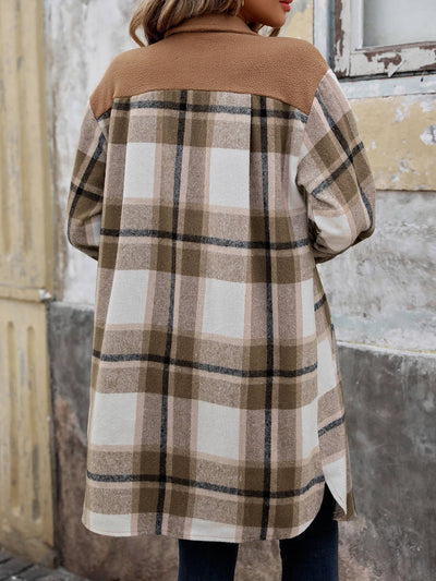Brushed Plaid Long Coats With Pockets