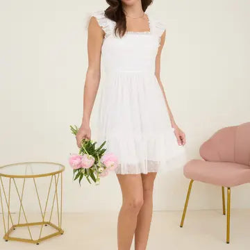 Polka Dot Chiffon Smocked Ruffle Detail Mini Dress