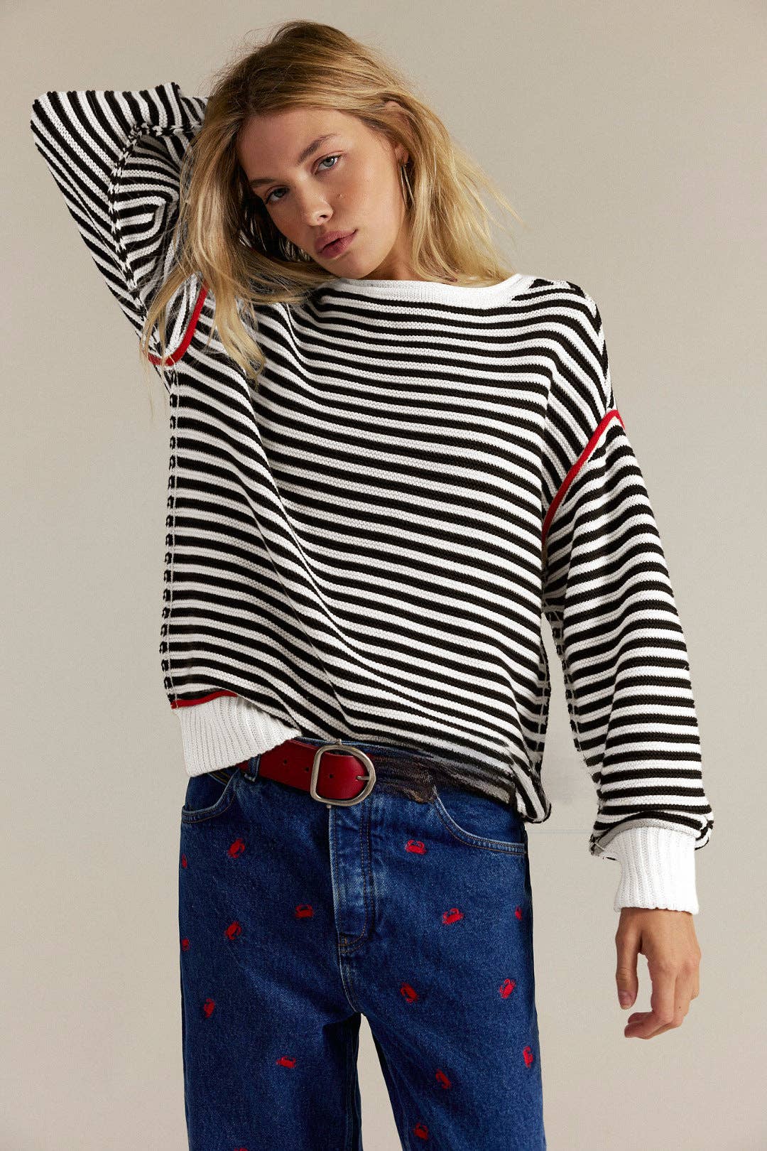 Striped Crewneck Knit Sweater | Loose Fit Pullover Top